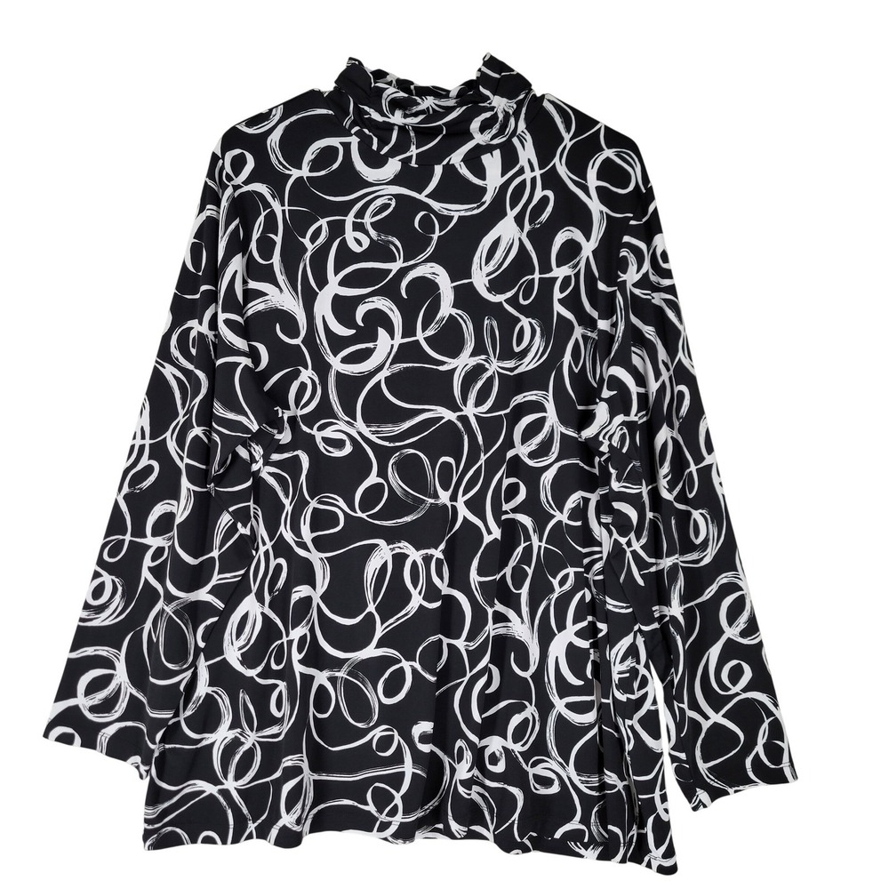 Susan Graver Mock Neck Top Women 2X Black White Abstract Swirl Ruched Long Sleev